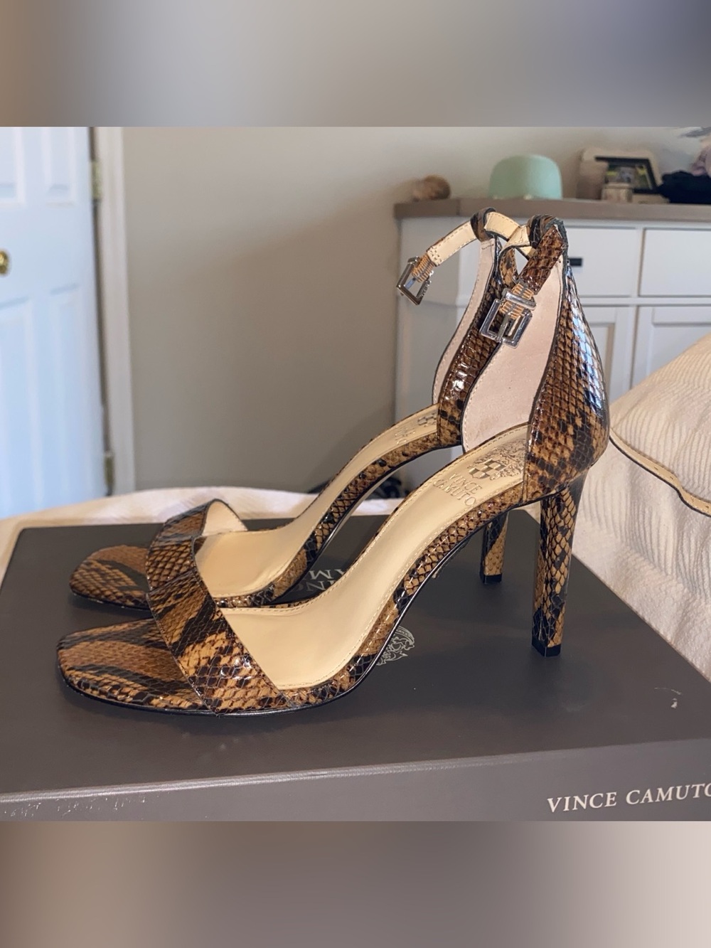 Vince Camuto Brown Snake-Print Ankle Strap Stiletto Sandals; 7.5M